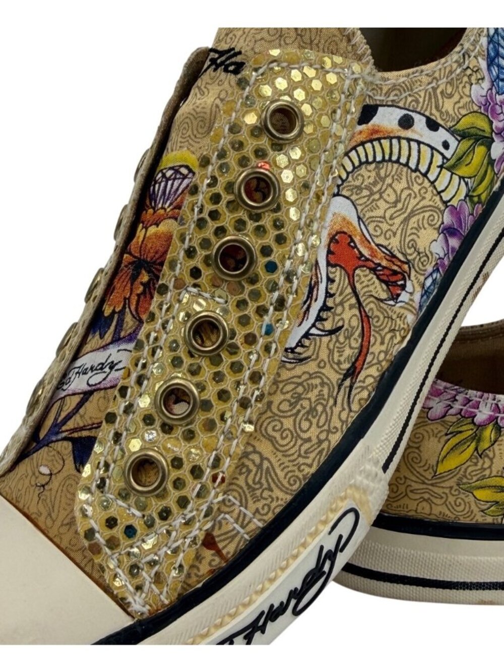 Vtg Y2K Ed Hardy Yellow Canvas Sneakers| McBling Grunge Sleaze Baddie Streetwear - Picture 8 of 16